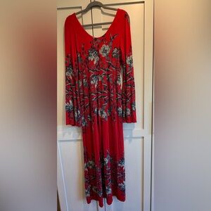 Free People Red and Blue Floral Long Sleeve Flowy Maxi Dress